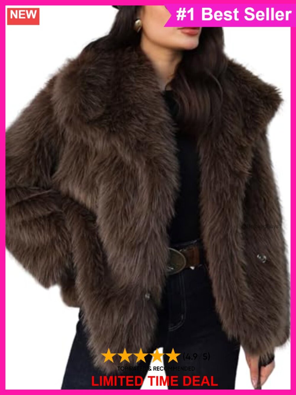 Faux Fur Cropped Fluffy Shaggy Jacket Snap Button Pockets